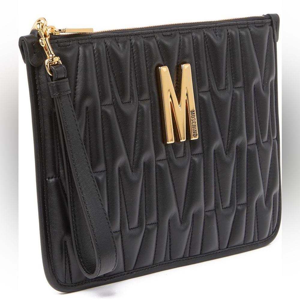 New Moschino QUILTED MONOGRAM CLUTCH LEATHER 11.5”X 8”New with tag made in Italy
